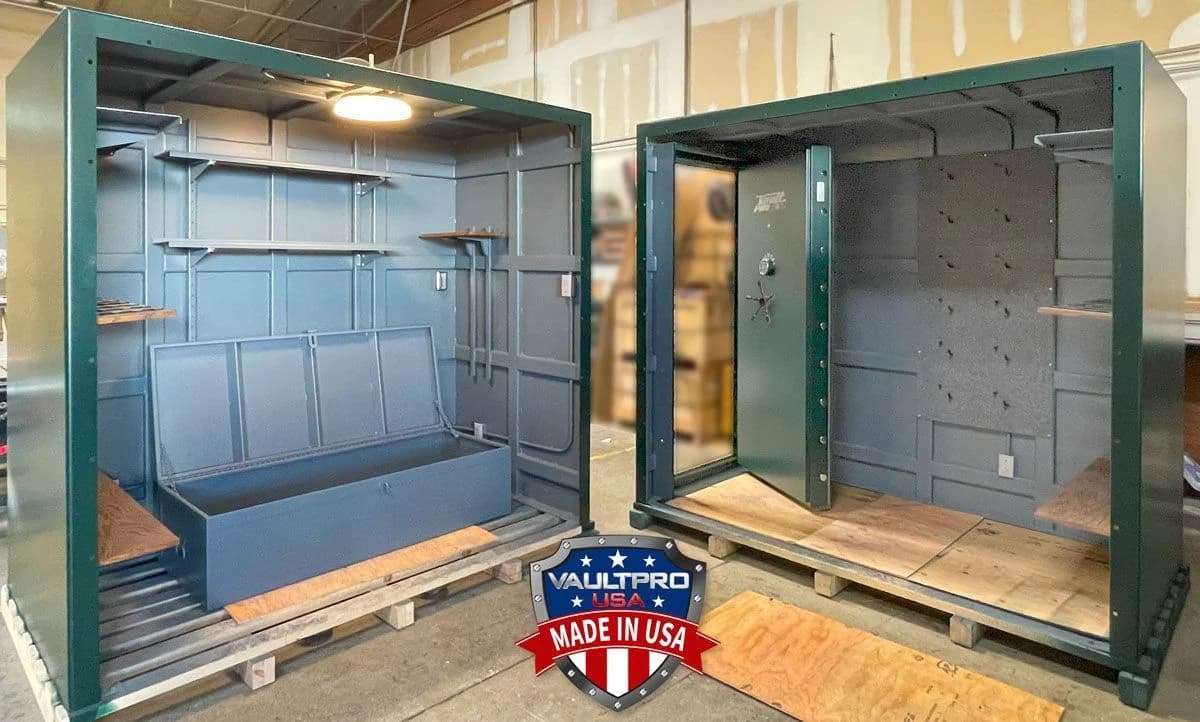 Two sections of a modular steel vault room displayed with shelving and a bench.
