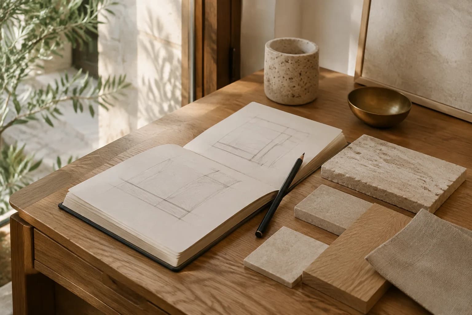 A sketchbook, pale limestone and oak samples on a sunlit desk.